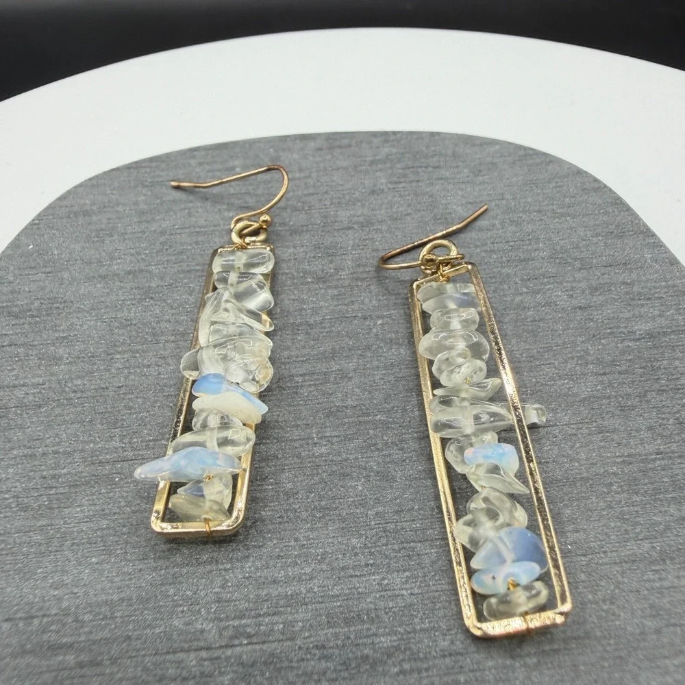 Gold Tone Clear Crystal Iridescent Chip Bar Drop Earrings Boho Statement Gift